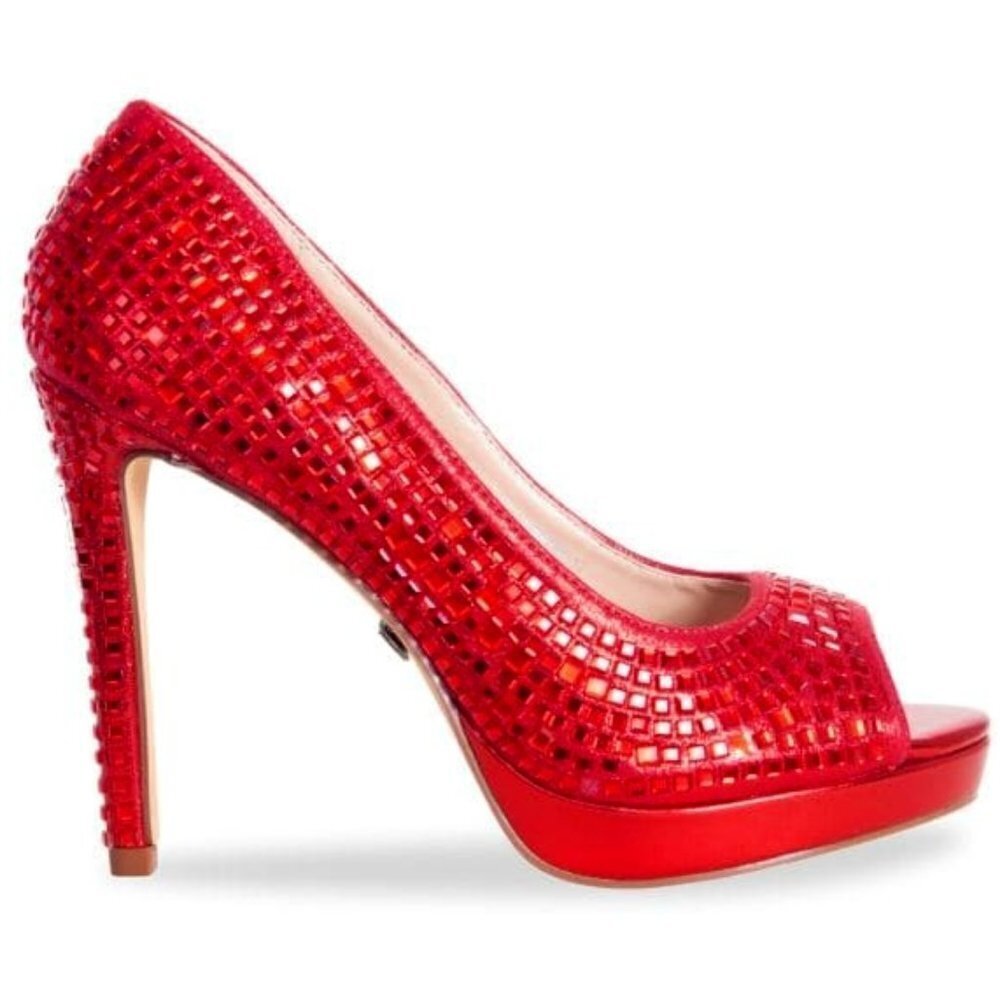 NWT!($100) Lauren Lorraine Candy 12 Red Rhinestone Heels Stiletto Pumps Peep Toe